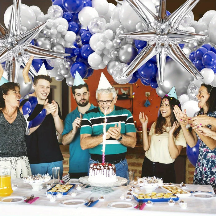 109Pcs Royal Blue And Silver Balloon Arch Set Garland Set Starburst Balloon For Anniversary Birthday Retirement Party Decoration