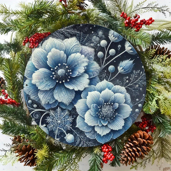 Blue Floral Wall Art 8X8 Inch Inch Iron Round Hanging Picture Garden Decor
