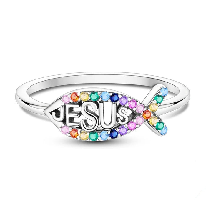 925 Sterling Silver Jesus & Fish Ring Coloured Zirconium Luxury Bands For Women Party Anniversary Wedding Gift