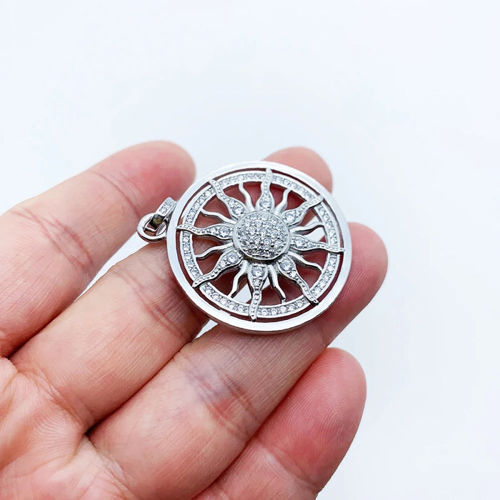 925 Sterling Silver Vintage Sun Pendant With White Zircon European Jewelry Gift