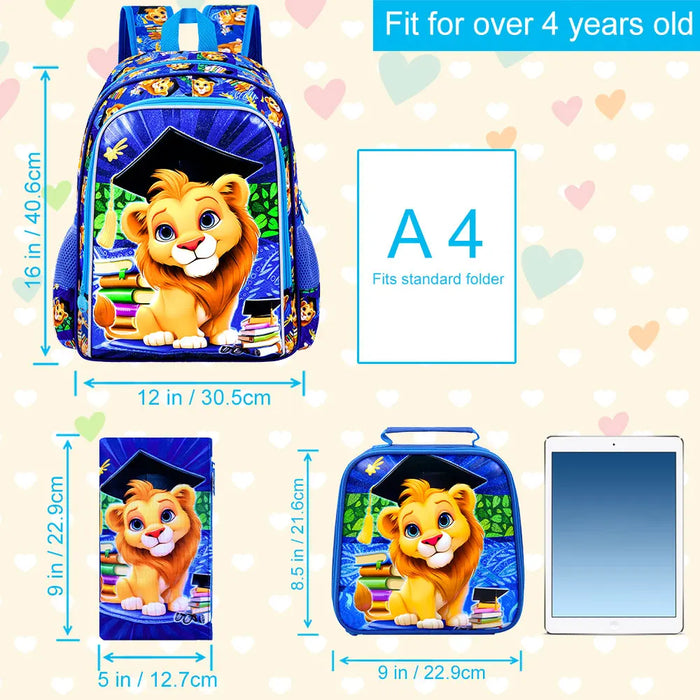 3 Piece Lion Backpack Set For Boys 16 Inch Bookbag Lunch Box Elementary School