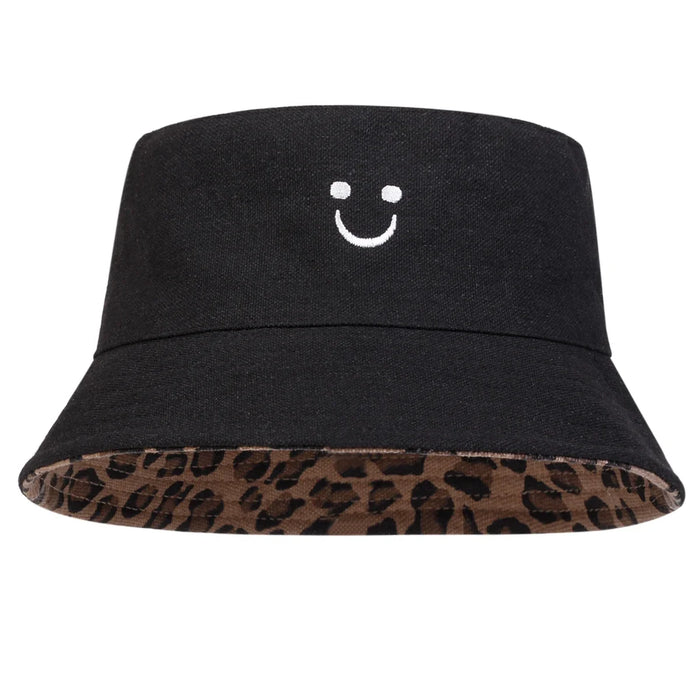Smiling Leopard Print Double Sided Bucket Hat Unisex Sunscreen Cap