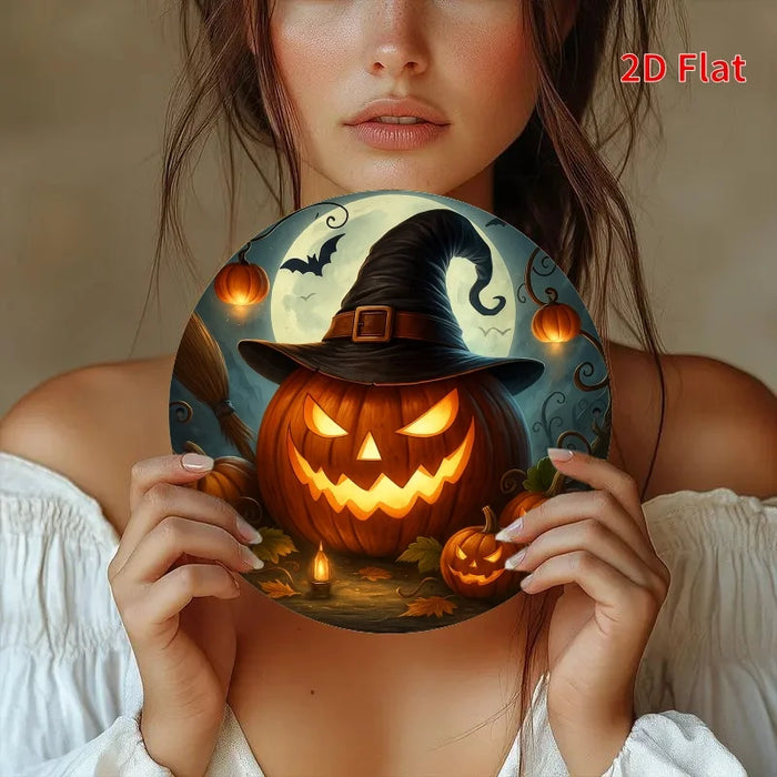 Vintage Halloween Witch & Pumpkin Lanterns Iron Sign Spooky Night Scene