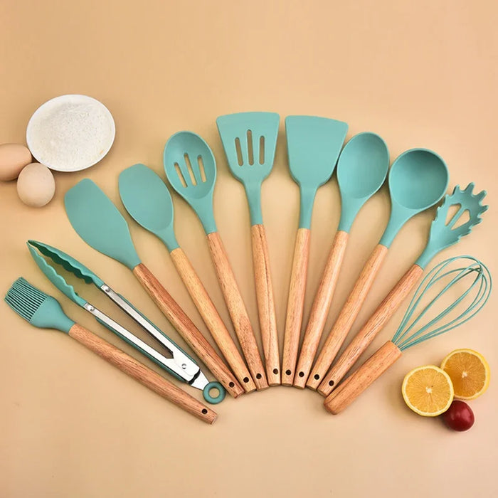 12 Piece Non Stick Silicone Kitchen Utensil Set With Wooden Handles