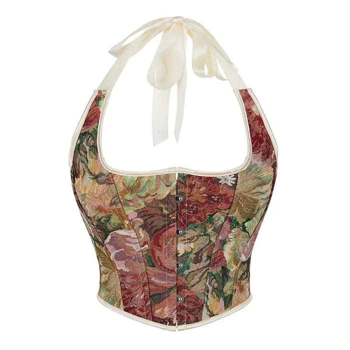 Retro Floral Print Halterneck Corset Top Front Busk Closure Plus Size Xs-Xxl