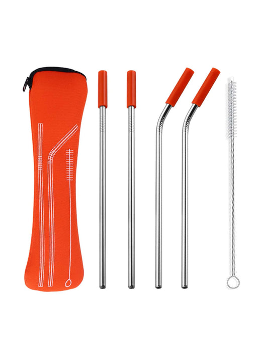 4 Piece Reusable Stainless Steel Straw Set With Cleaning Brush And Travel Bag