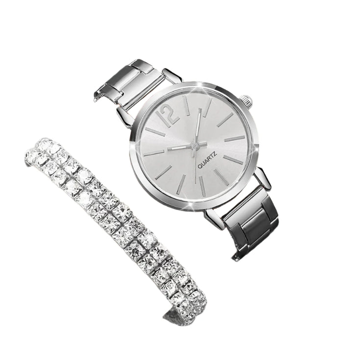 6 Piece Fashion Steel Band Quartz Watch Set Diamond Bracelets - Without Box