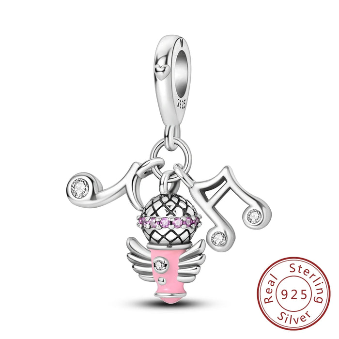 925 Sterling Silver Music Note Microphone Charm Fits Bracelet Diy Gift For Women