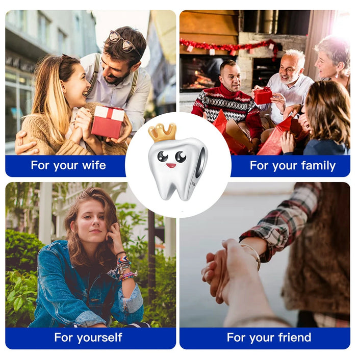 925 Sterling Silver Crown Tooth Charm For Women Bracelet Diy Gift