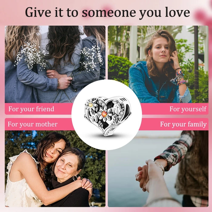 925 Sterling Silver Sunflower Mother Love Charm Fits Bracelets Gift For Women