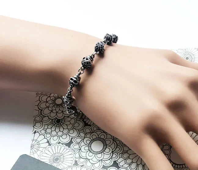 925 Sterling Silver Black Stone Skulls Bracelet Punk Jewelry For Women & Men