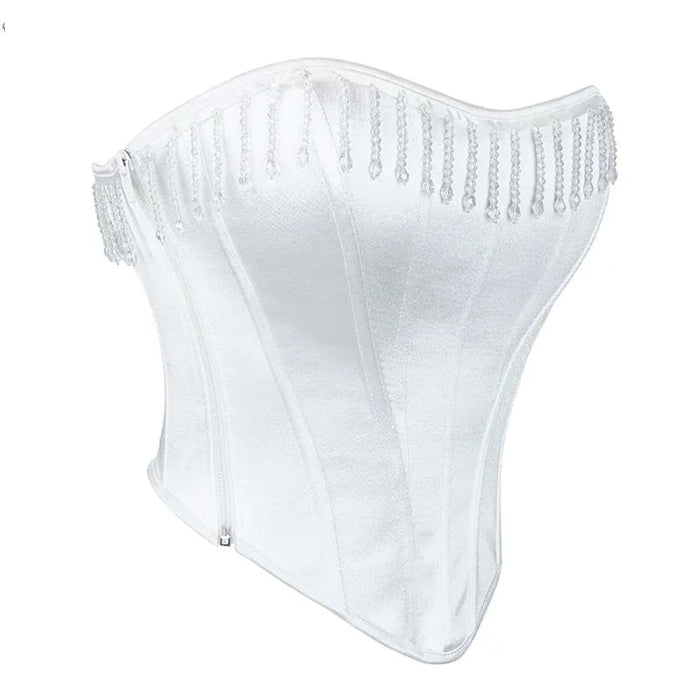White Frill Retro Satin Overbust Corset Plus Size S-Xxxl Zip & Lace Up Boned Rhinestone Tassel