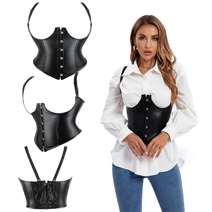 32Cm Women Body Shapewear Bustier Top With 6 Brooches And G String Plus Size Synthetic Leather Corset 876#