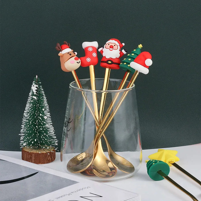 4 / 6 Piece Christmas Coffee Spoons & Forks Set Stainless Steel Red / Green Gift Box Kids' Gifts