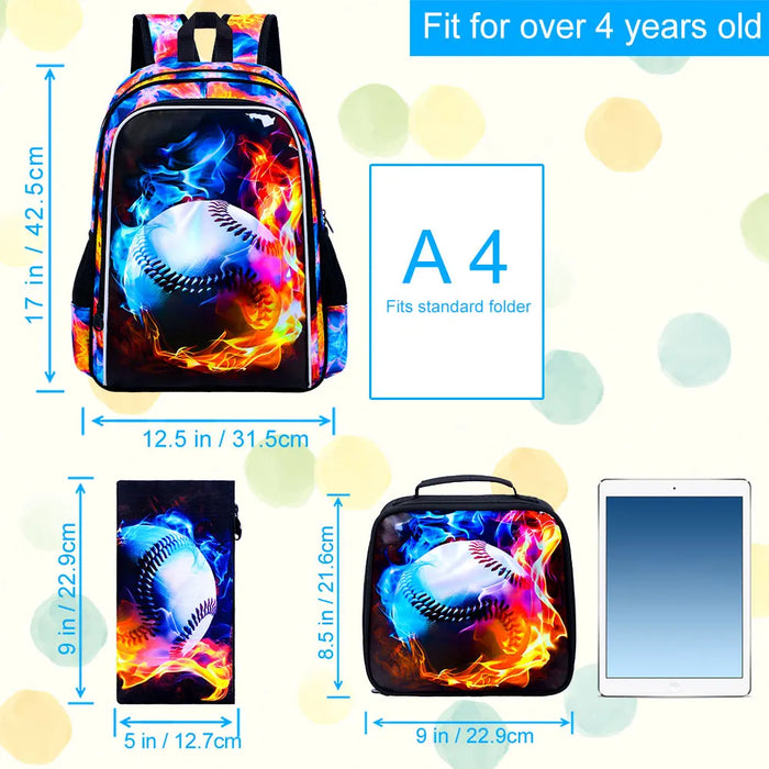 17 Inch School Bag Lunch Bag Set For Teens Water Resistant Baseball Pattern Fits Boys Men