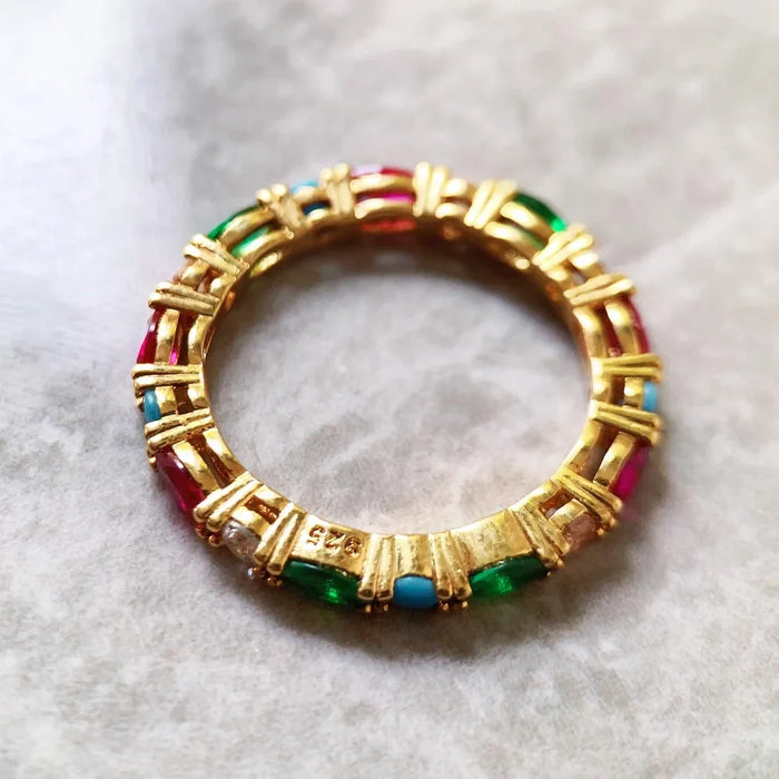 925 Sterling Silver Colourful Stones Ring Europe Style Fine Jewelry For Women Gold Colour