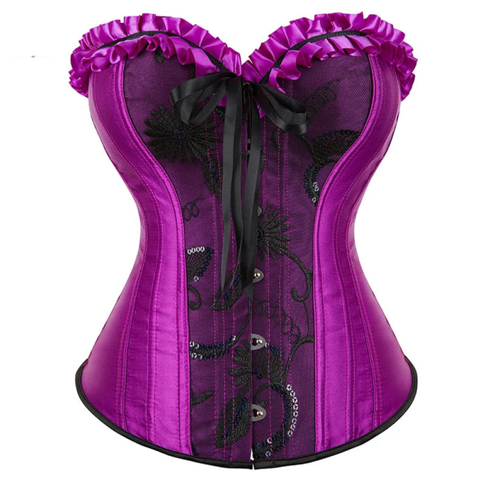 16-Busk Closure Lavender Purple Sequined Overbust Corselet Plus Size Lace-Up Women Corset Top