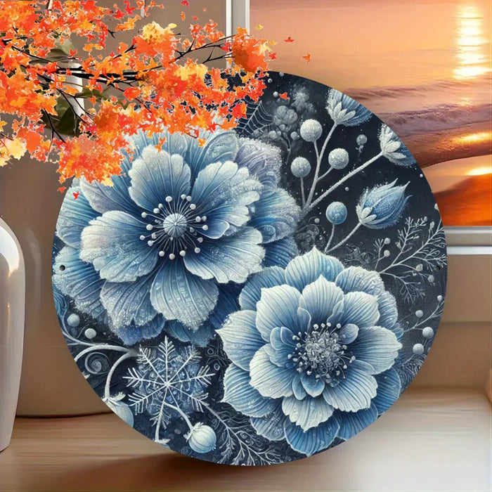 Blue Floral Wall Art 8X8 Inch Inch Iron Round Hanging Picture Garden Decor