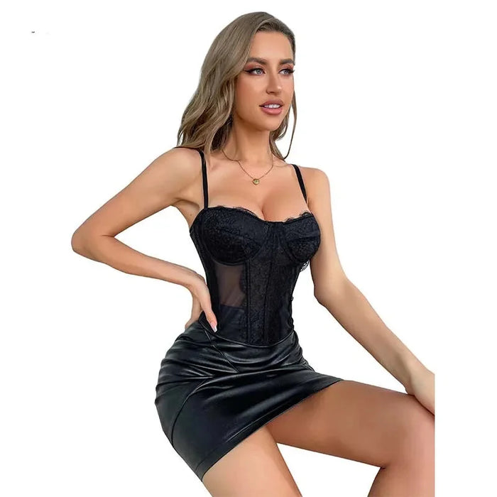 Adjustable Plus Size Lingerie Corset With Padded Cup Black Translucent Bustier