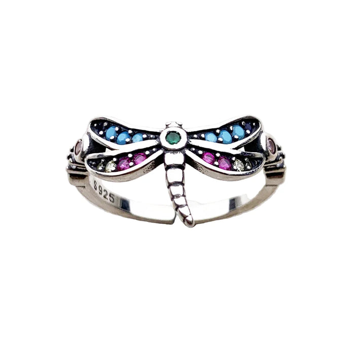 925 Sterling Silver Bohemian Dragonfly Ring With Coloured Stones