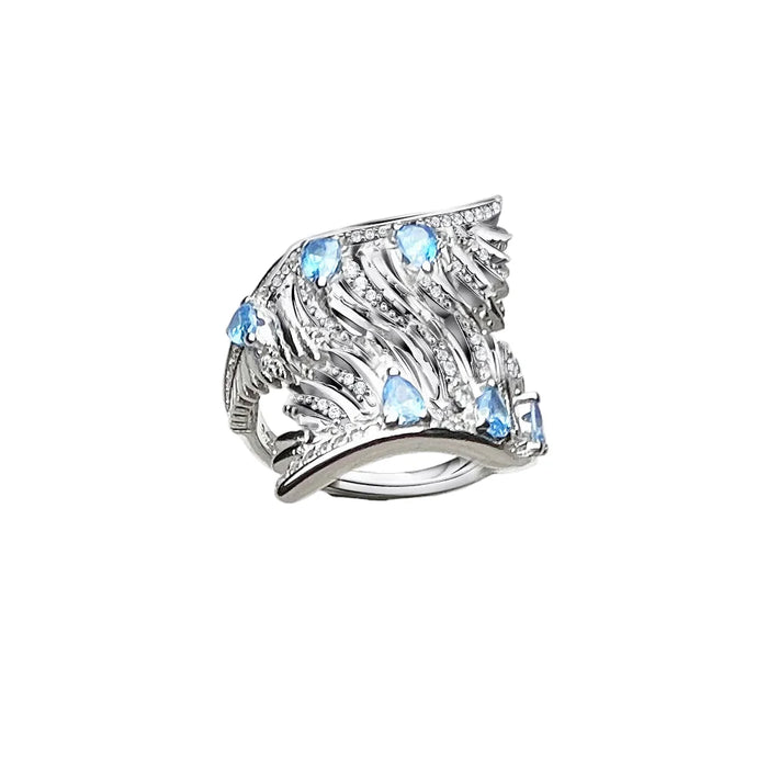 925 Sterling Silver Boho Phoenix Wing Ring With Blue Stones For Women