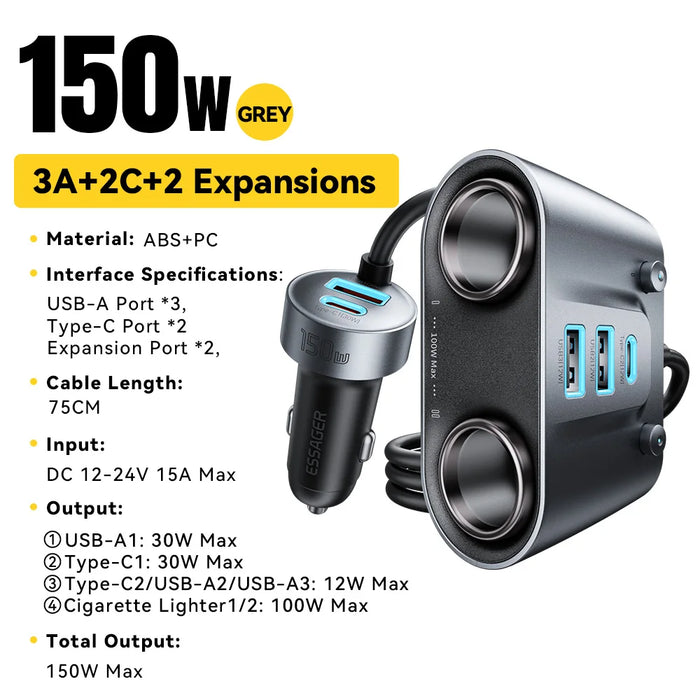 150W 5 Ports Usb C Car Charger 2 In 1 100W Dual Cigarette Lighter Splitter Qc 3.0 Pd 3.0 Fast Charging For Mobile Phone