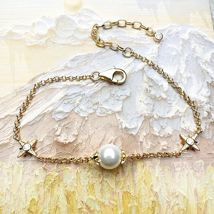 925 Sterling Silver Gold Star Pearl Bracelet Boho Jewelry For Women