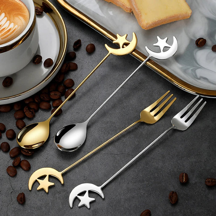 4 / 8 Piece Stainless Steel Star Moon Spoon & Fork Set For Coffee & Dessert