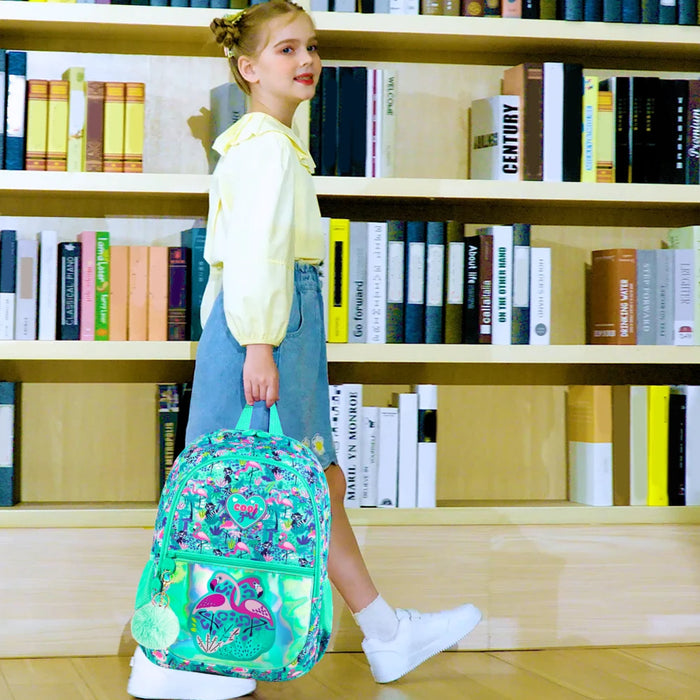 3 Piece Flamingo Backpack Set For Girls 16.5 Inch Bookbag With Lunch Box Waterproof Lightweight Kindergarten Ready