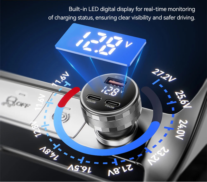 108W 3Ports Usb Car Charger Digital Dispaly Pd3.0 Fast Charging Quick Charge 3.0 Adapter For Iphone 16 15 Xiaomi Samsung