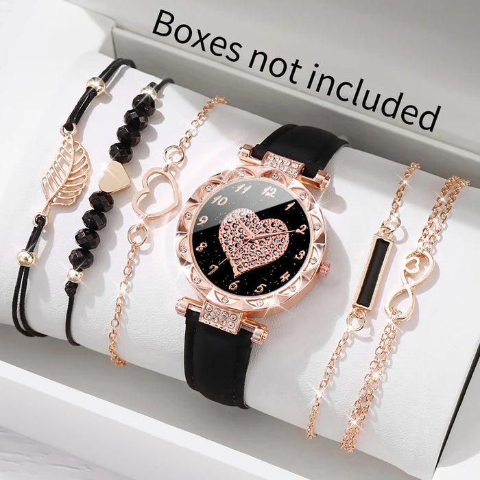 6 Piece Heart Rhinestone Watch Bracelet Set