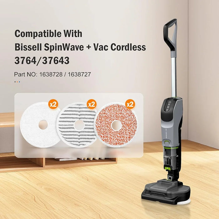 6 Pack Mop Pads For Bissell Spinwave + Vac Cordless 37643 / 3764 All-In-One Powered Spin Mop & Vacuum