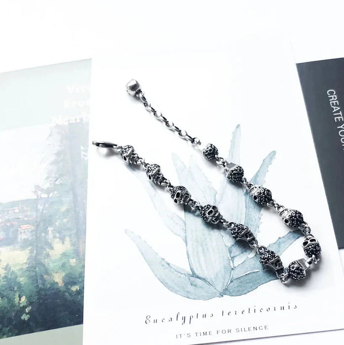 925 Sterling Silver Black Stone Skulls Bracelet Punk Jewelry For Women & Men