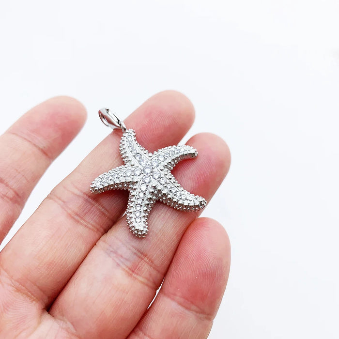 925 Sterling Silver Starfish Pave Pendant Glam Jewelry For Women