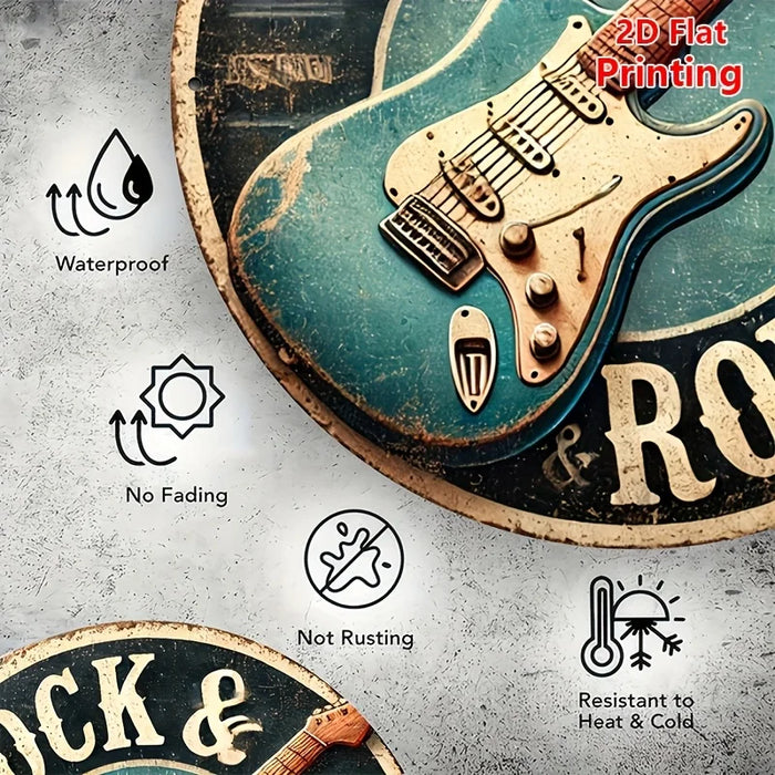 Vintage Style 8X8 Inch Round Aluminum Guitar Wall Art