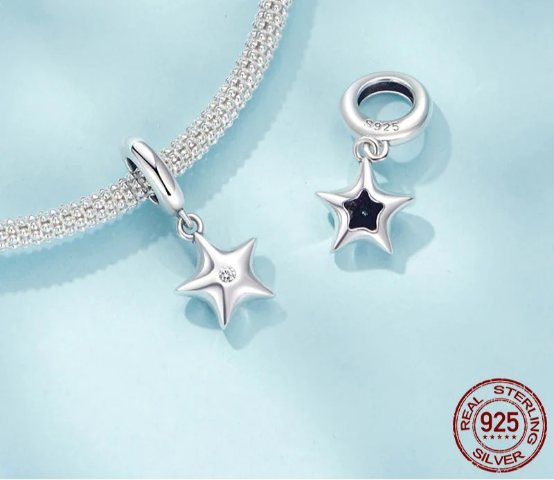 925 Sterling Silver Star Charm Bead For Bracelets & Necklaces