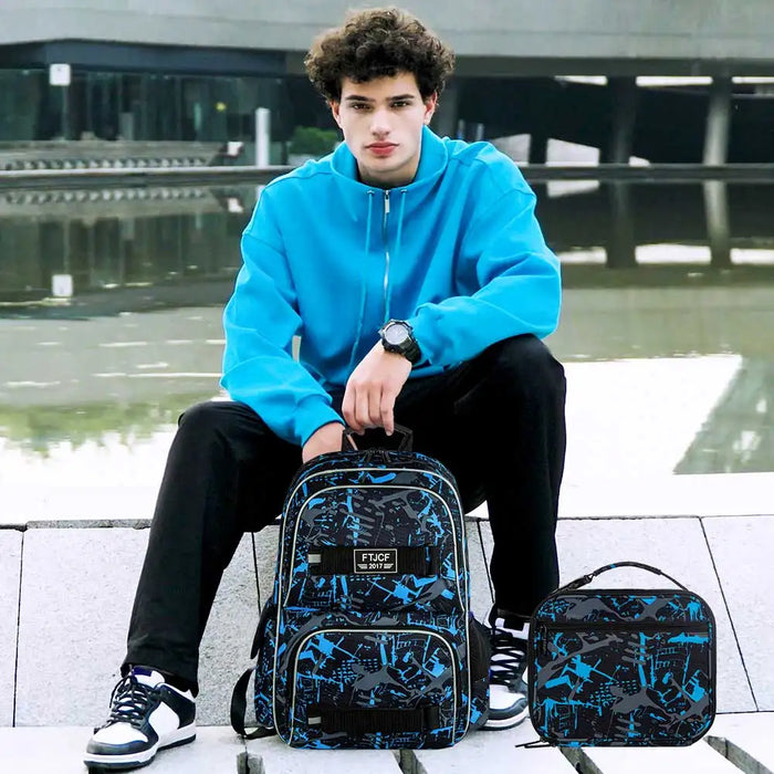 17 Inch Laptop Backpack With Lunch Bag Set Water Resistant Graffiti Design For Teens Men