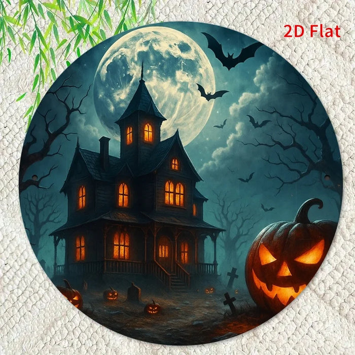 Vintage Round Iron Sign Haunted House & Pumpkin Lanterns
