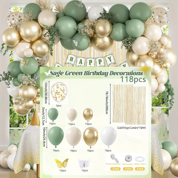 118Pcs Sage Green Decoration Set Gold Rain Curtain Suitable For Engagement Proposal Birthday Mother'S Day Anniversary Decoration
