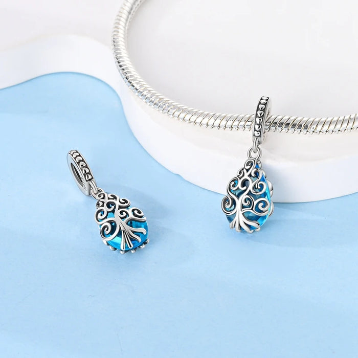 925 Sterling Silver Water Drop & Tree Of Life Pendant Fits Bracelet / Necklace Diy Gift