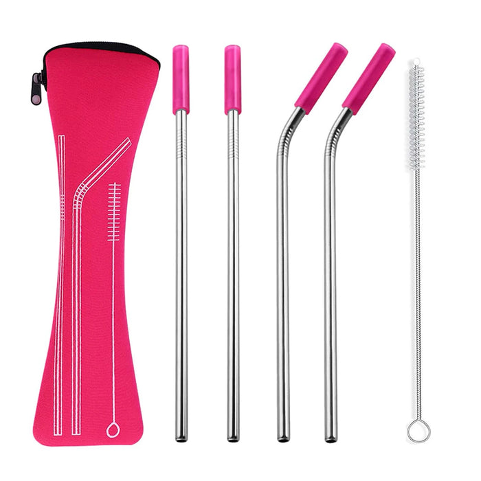 4 Piece Reusable Stainless Steel Straw Set With Cleaning Brush And Travel Bag