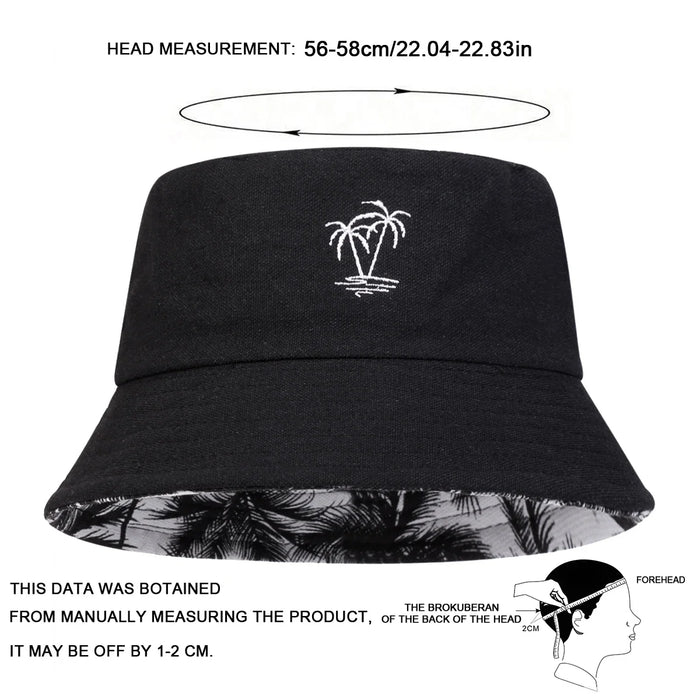 Double Sided Coconut Tree Embroidery Bucket Hat For Unisex Outdoor Sun Protection