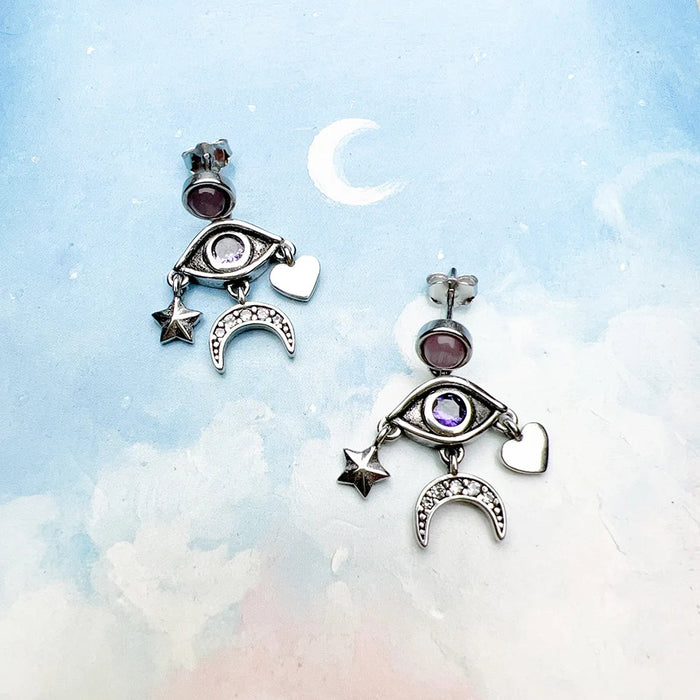 925 Sterling Silver Stylised Eye Moon Star Heart Earrings Feminine Talismans