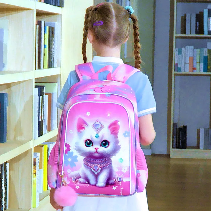 3 Piece Girls Backpack Set 16 Inch Cat Design For Elementary School With Lunch Box