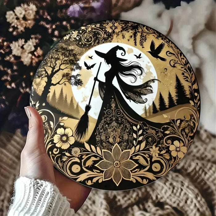 8X8 Inch Gothic Witch Metal Sign Circular Flower Wreath Decor