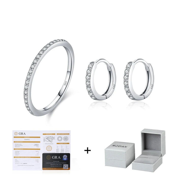 925 Sterling Silver Simple Round Hoop Earrings & Ring Setd Colour Moissanite