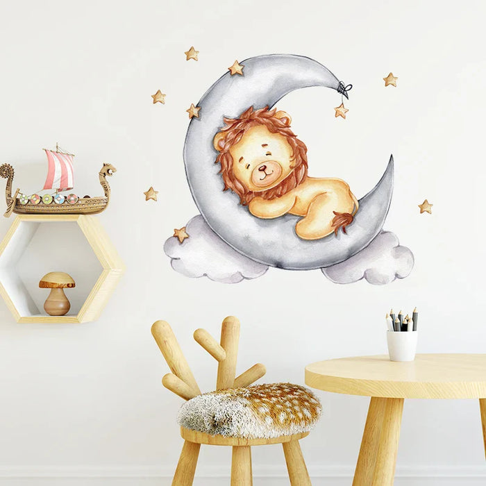 Gold Lion Sleeping On Moon Wall Stickers For Kids Room