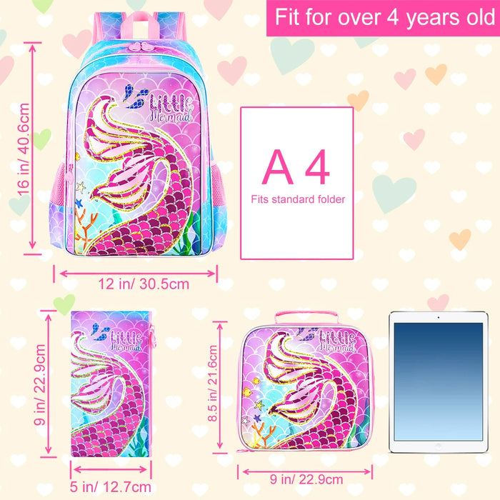 3 Piece Mermaid Backpack Set For Girls 16 Inch Preschool Bookbag Lunch Box