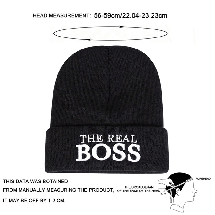 Unisex The Real Boss Embroidered Beanie Hat Autumn Winter Warm Cap For Women Men