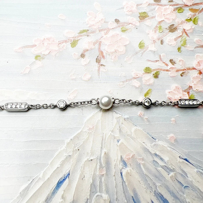 925 Sterling Silver Freshwater Pearl & White Stone Bracelet Fine Jewelry For Women